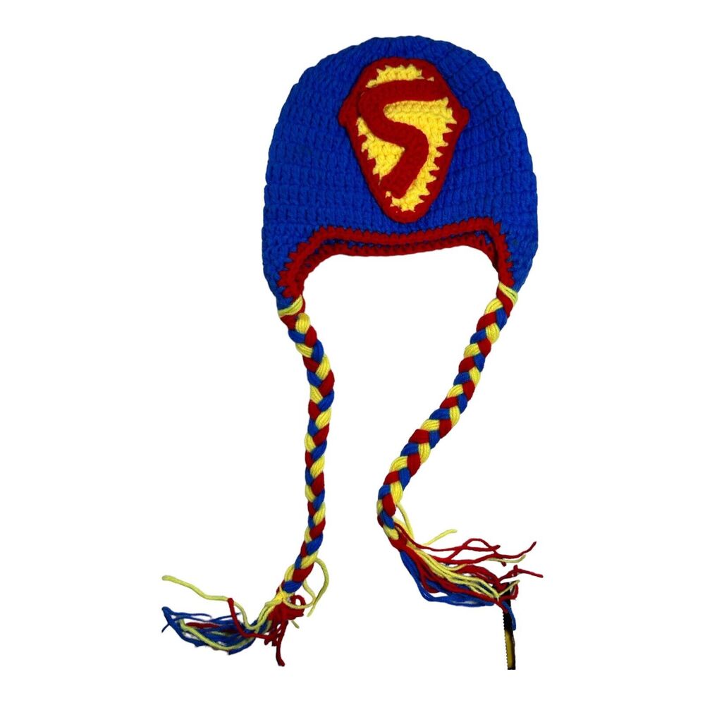 Superman “S” Marvel knit hat With Strings toddler Size